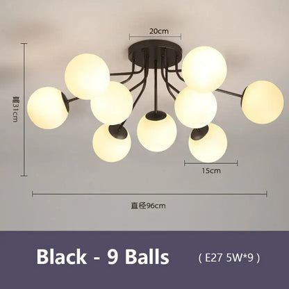 Modern black ceiling light with nine glowing spherical bulbs featuring decorbites bubble glass led design for living rooms