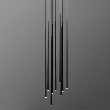 Modern black decorbites conical chandelier stair lamp with slender cylindrical rods and white-tipped ends for kitchen lighting