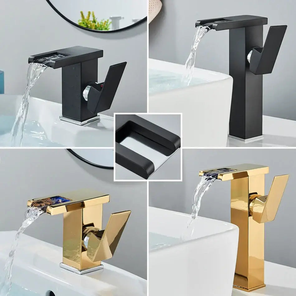 Modern black decorbites led waterfall bathroom sink faucet in sleek black and polished gold with angular design and integrated handle