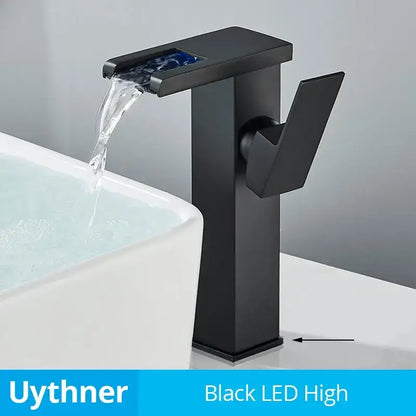 Modern black decorbites led waterfall bathroom sink faucet with sleek design and integrated blue light feature