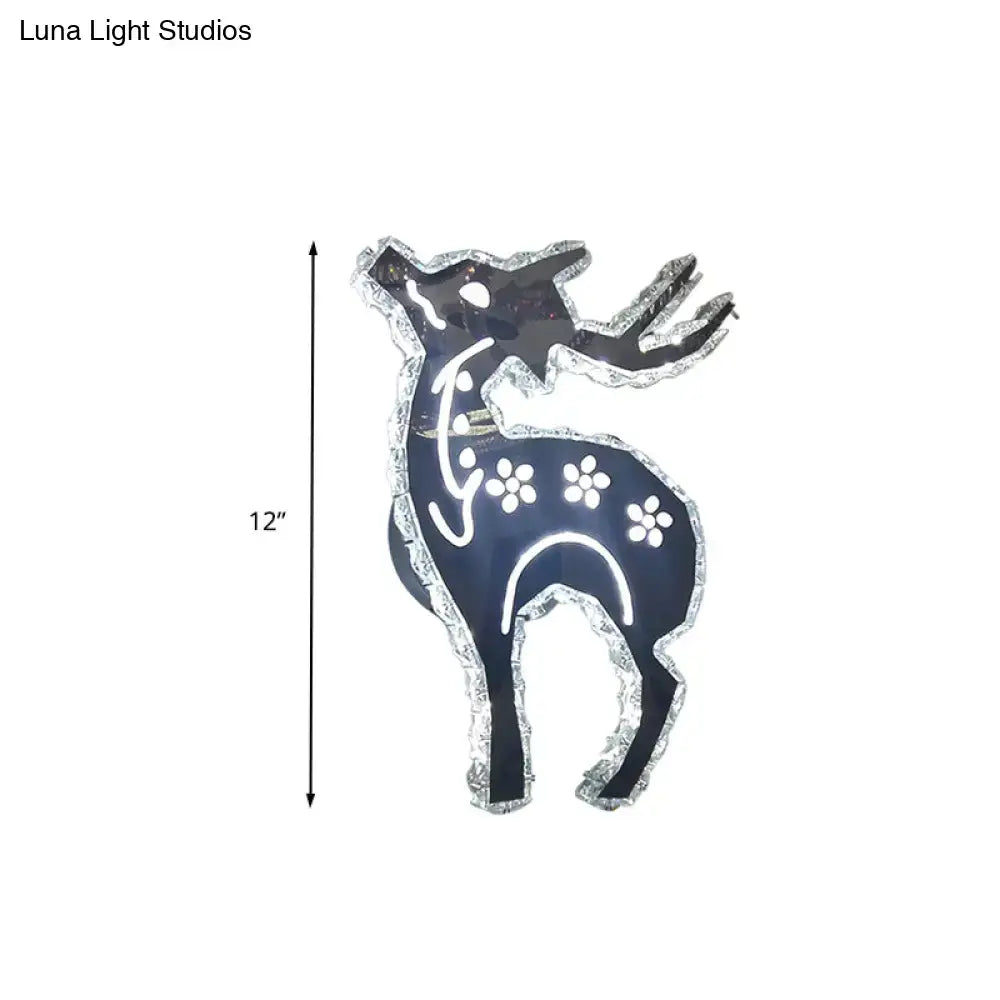 Modern black deer led light with deer crystal shade featuring silver metallic outline and white floral patterns for bedroom sconce