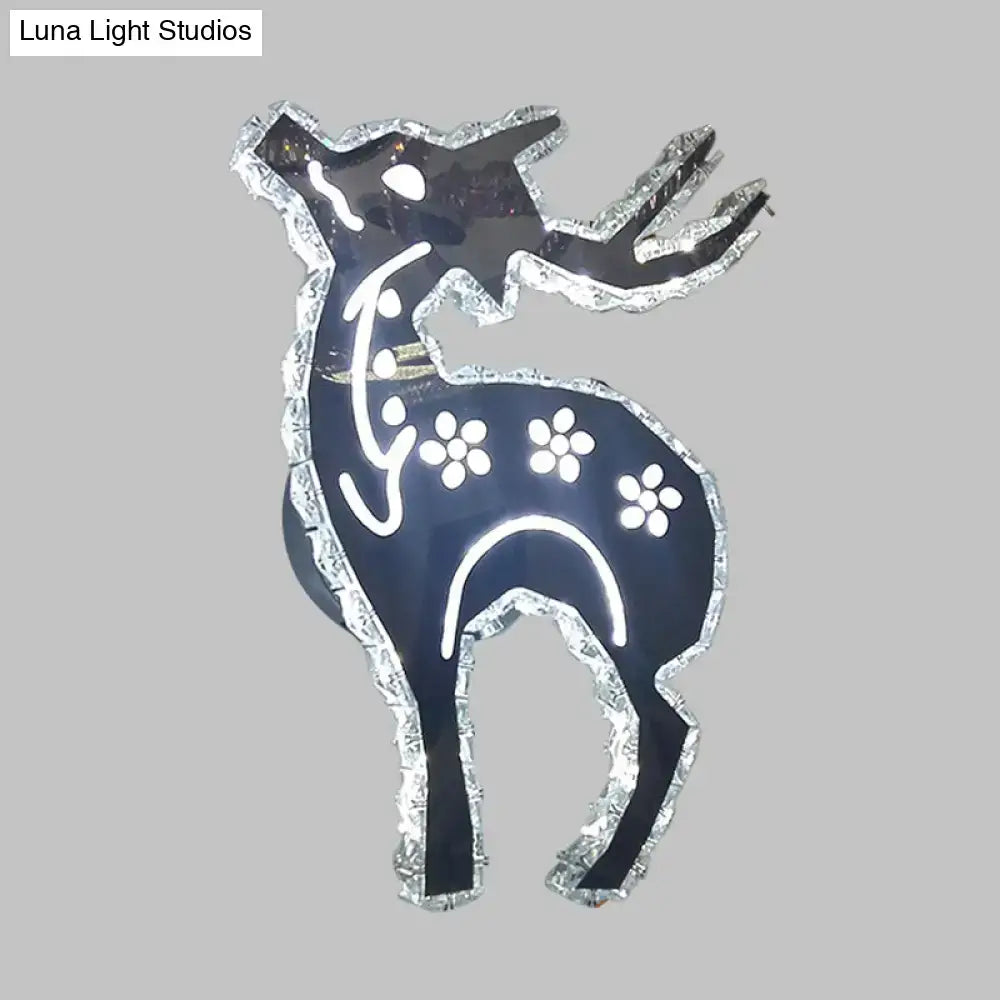 Modern black deer led light with deer crystal shade silver foil trim and white floral details direct wired electric bedroom sconce