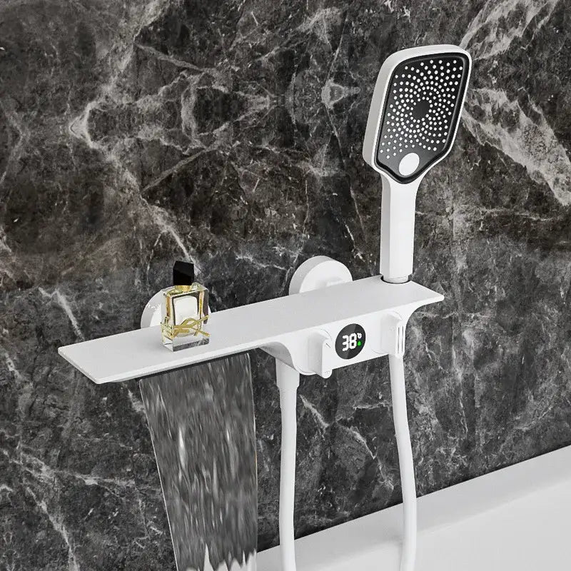 White modern shower mixer with decorbites digital display black panel and waterfall spout featuring a perforated spray head