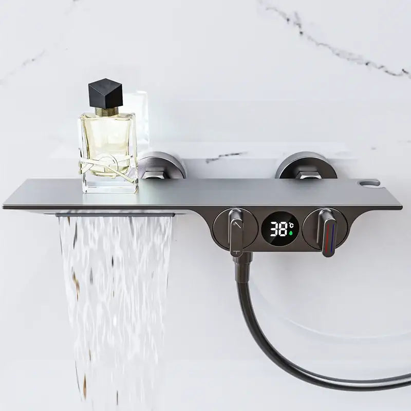Modern black digital display shower mixer with matte finish, decorbites digital display, and waterfall spray feature