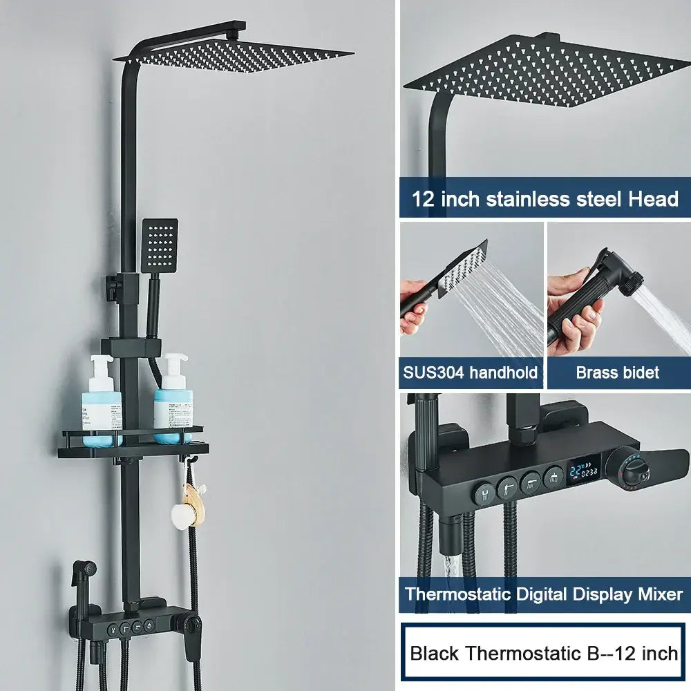 Modern black digital shower system with rainfall head stainless steel rainhead sus304 handheld sprayer and brass bidet decorbites black