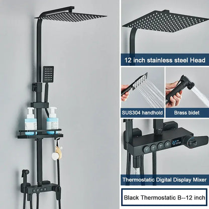 Modern black digital shower system with rainfall head stainless steel rainhead sus304 handheld sprayer and brass bidet decorbites black