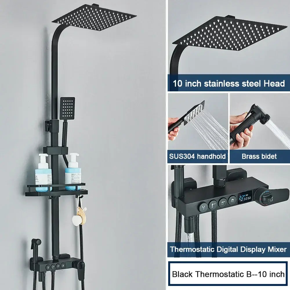 Modern black digital shower system featuring a decorbites black 10-inch stainless steel rainfall head with square design