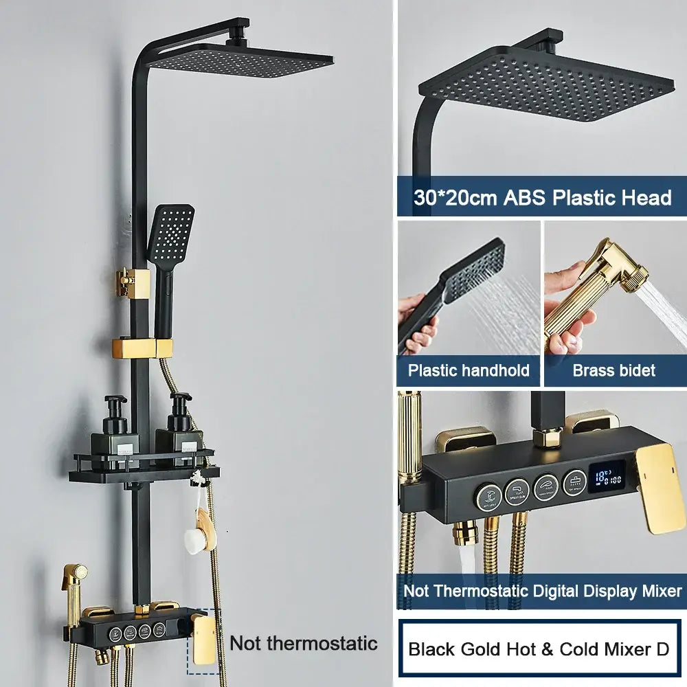 Modern black decorbites digital shower system with rainfall head, handheld spray, brass bidet, and digital display mixer