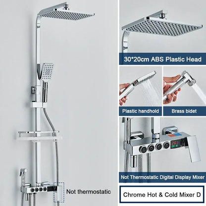 Modern black decorbites digital shower system with chrome rainfall head, handheld spray, and digital display mixer