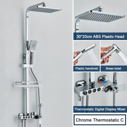 Modern black decorbites digital shower system with rainfall head, chrome finish, handheld spray with brass nozzle, and thermostatic mixer
