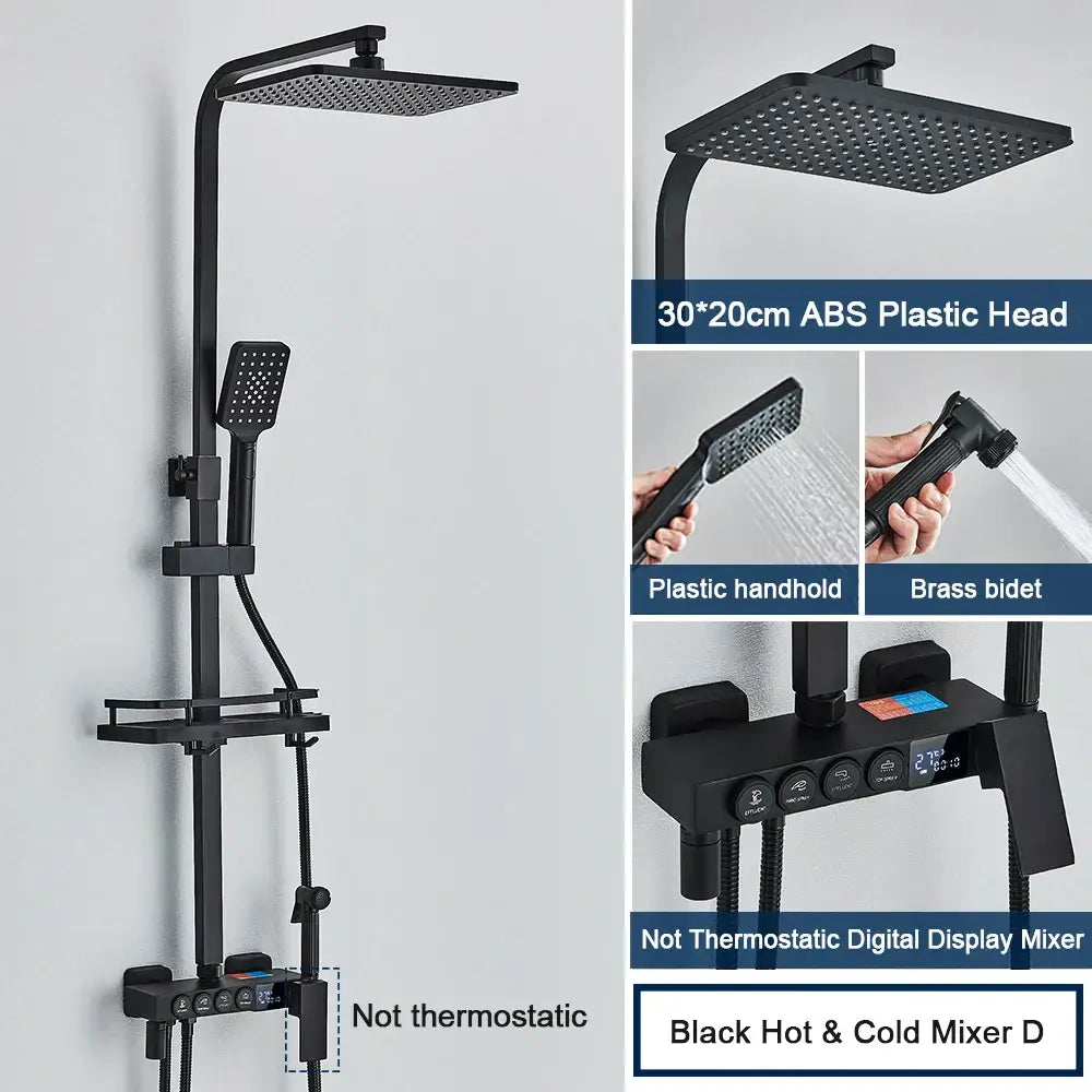 Modern black digital shower system with rainfall head and bidet featuring a matte finish and digital display from decorbites black