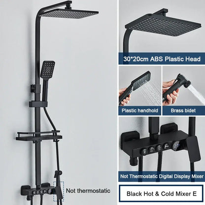 Modern decorbites black digital shower system with rainfall head, black matte finish, handheld shower, and brass bidet nozzle