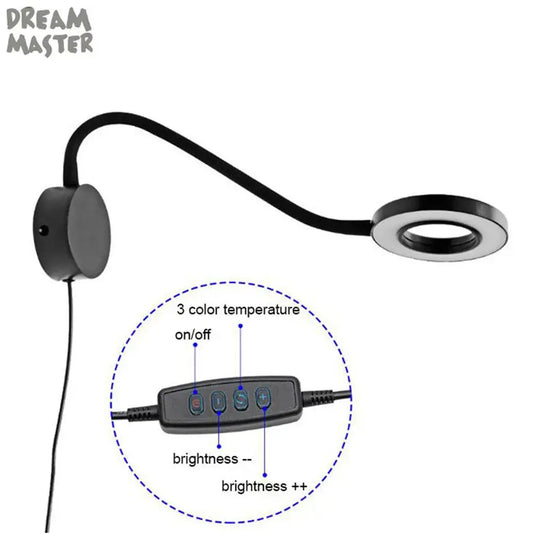 Black flexible arm dimmable led wall lamp with circular led ring light and control panel for decorbites dimmable led