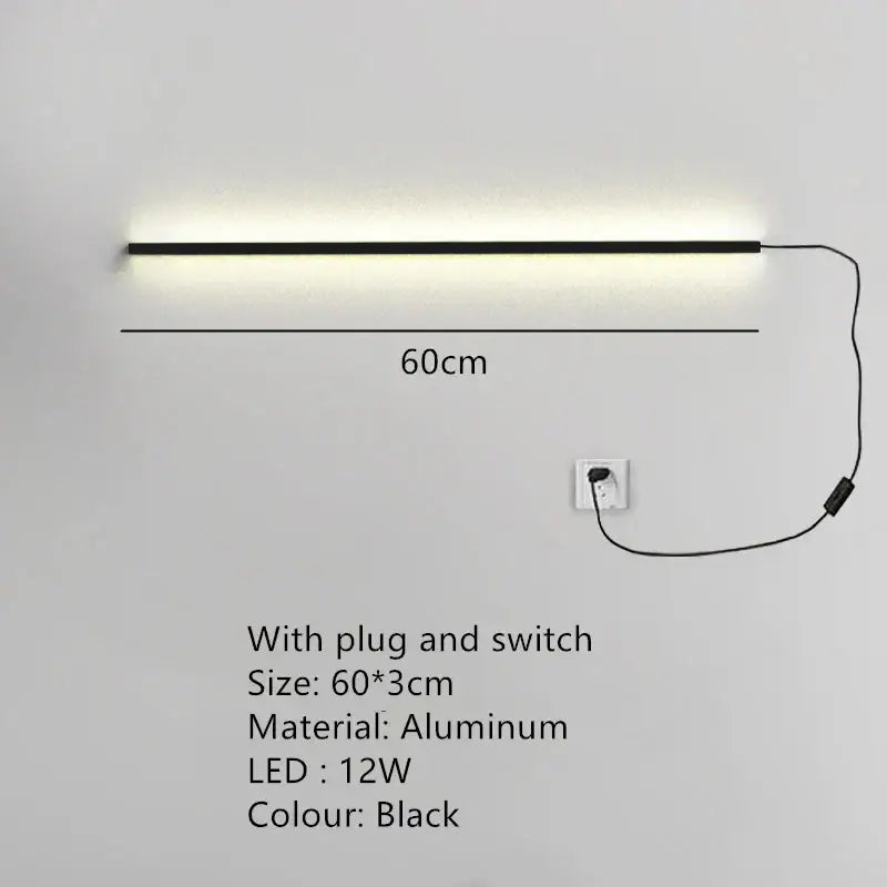 Black aluminum dimmable long wall lamp 60cm with sleek linear design for modern bedroom ambient lighting decorbites dimmable long