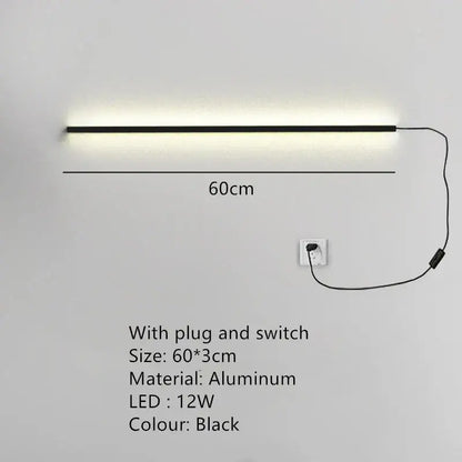 Black aluminum dimmable long wall lamp 60cm with sleek linear design for modern bedroom ambient lighting decorbites dimmable long