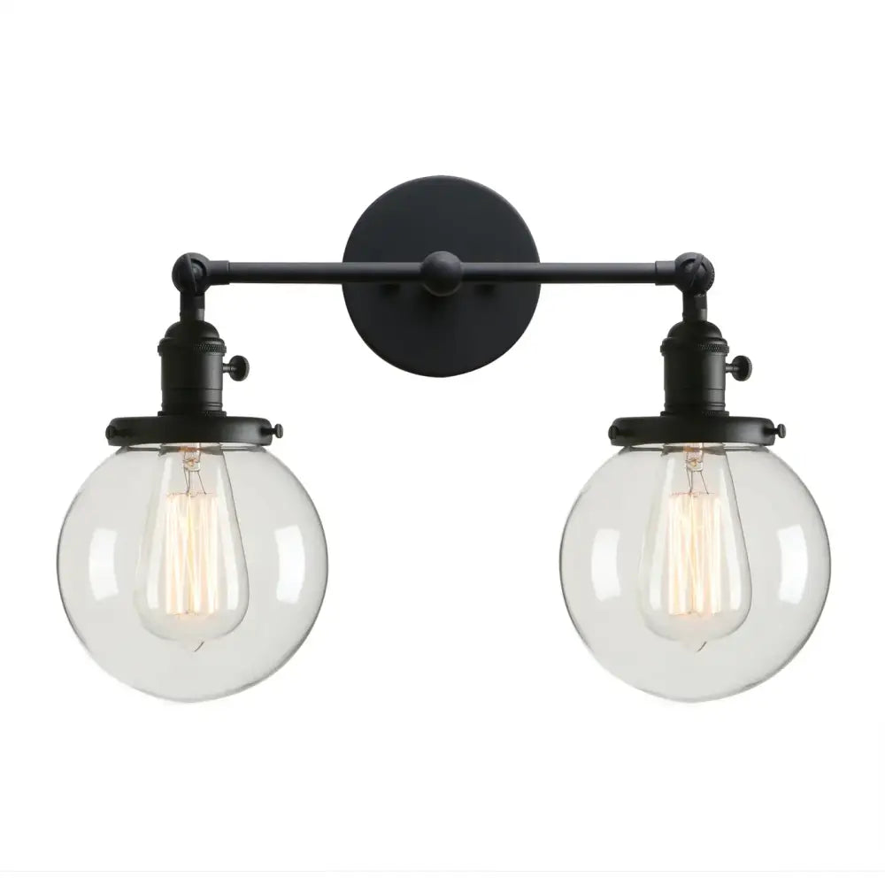 Modern black double ball heads globe glass wall sconce with exposed filament bulbs for bedroom lighting