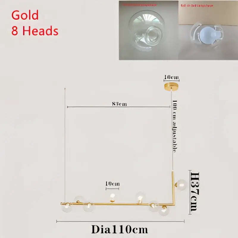 Modern black double glass lampshade chandelier with eight gold spherical bulbs designed for dining room lighting