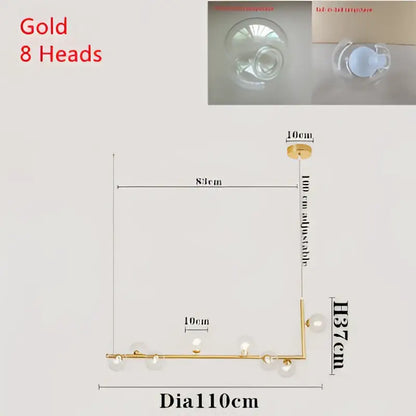 Modern black double glass lampshade chandelier with eight gold spherical bulbs designed for dining room lighting