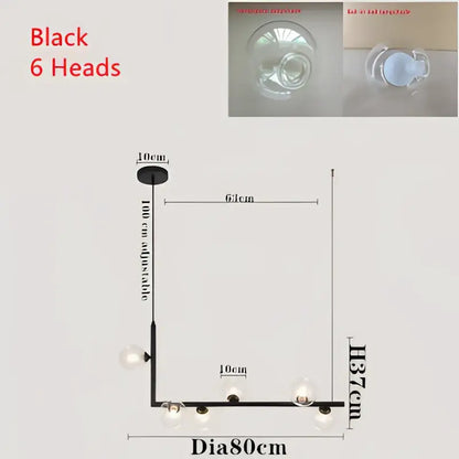 Modern black metal chandelier with six spherical glass globes featuring a double glass lampshade design for dining room
