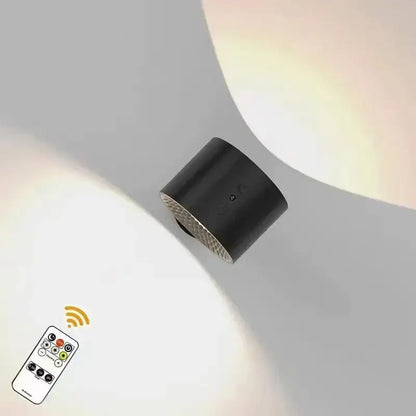 Modern black double head led wall lamp with cylindrical textured metallic spotlight and remote for color-changing illumination