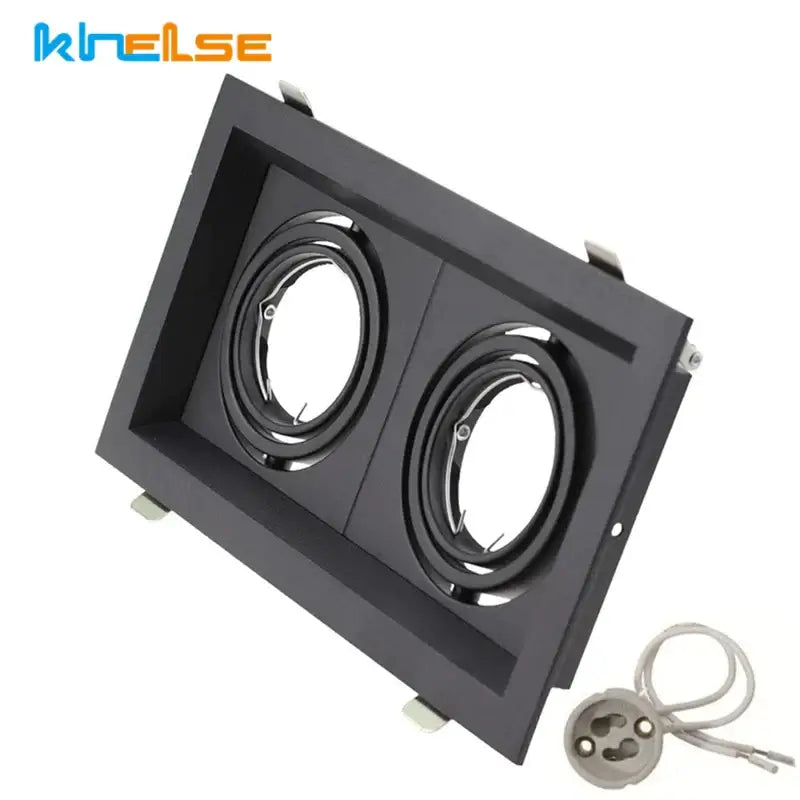 Modern black double ring led recessed ceiling light fixture with two circular lamp holders and matching mounting base