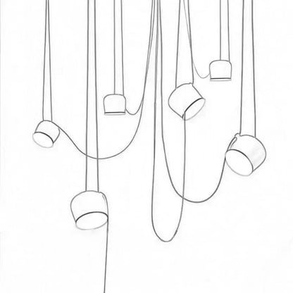 Minimalist line drawing of decorbites black drum led pendant with multiple cylindrical shades for kitchen ceiling light