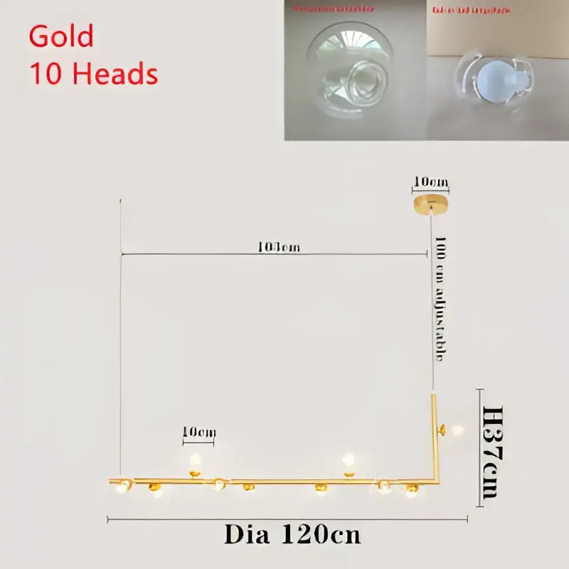 Modern black dual glass lamp ceiling chandelier with gold-colored linear adjustable design and ten spherical light heads
