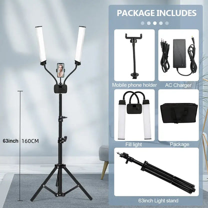 Modern black dualarm led beauty light with adjustable tripod stand and dual vertical led light bars for phone photography