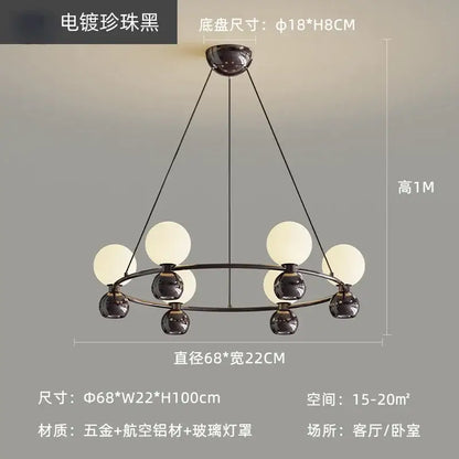 Modern black nordic pendant chandelier with five spherical glass shades and electroplated circular frame for living room