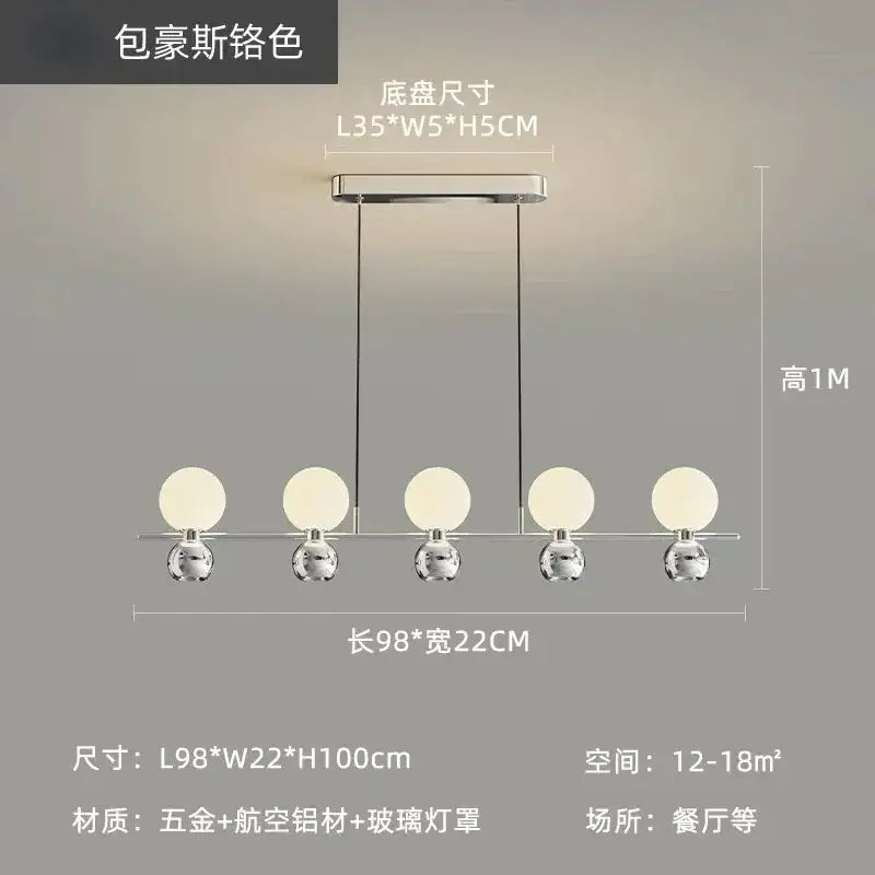 Modern black nordic pendant chandelier with chrome finish and five frosted glass globe shades for living room use