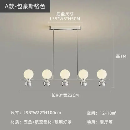 A modern black nordic pendant chandelier with five frosted glass globe shades and polished chrome rods for living room