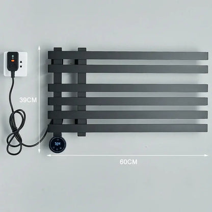 Modern black matte-finished electric towel warmer rack with digital temperature display and power cord for bathroom use