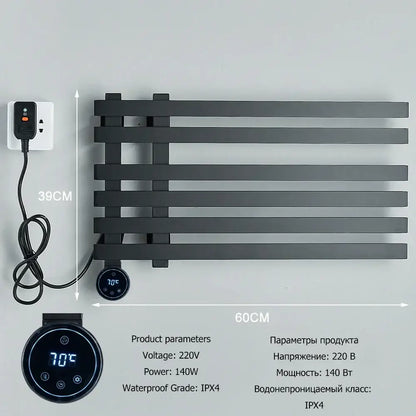 Modern black electric towel warmer rack with matte finish and digital temperature display for bathroom use