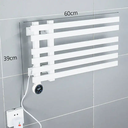 White electric towel warmer rack wall-mounted with digital temperature display for modern bathroom use