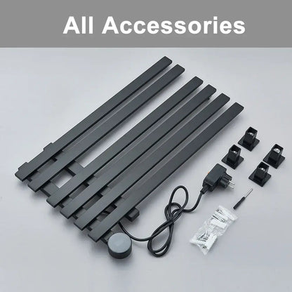 Modern black electric towel warmer rack in matte metal with digital display and integrated power cord for bathroom use