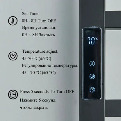 Modern black electric towel warmer with digital display featuring illuminated blue controls for temperature power and time settings