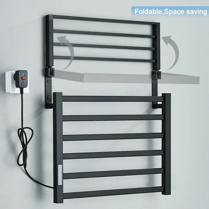 Modern black electric towel warmer with foldable design and wall-mounted brackets for bathroom use
