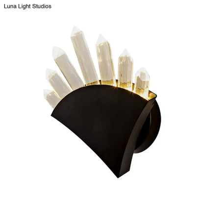 Modern black curved wall light fixture with seven translucent white crystal points and smd bulb base for bedroom use