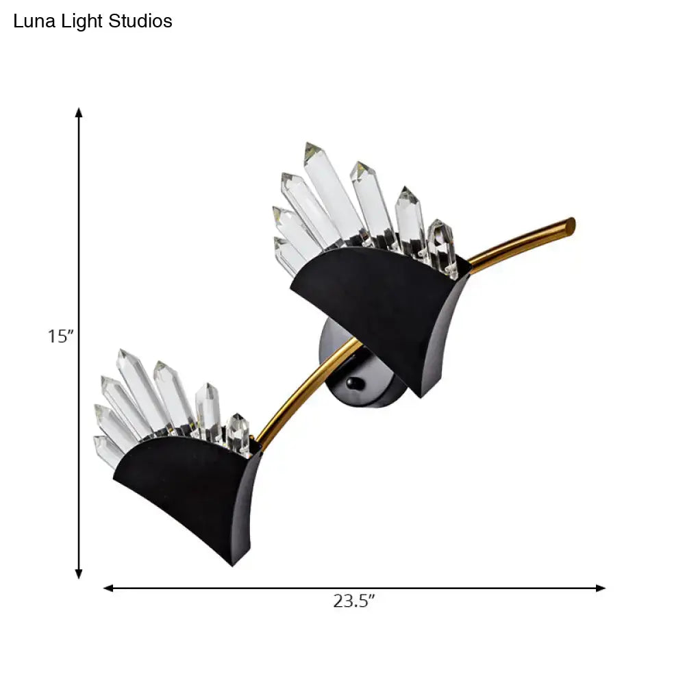Modern black fan crystal wall light fixture with black and gold finish and clear faceted crystals for bedroom sconce