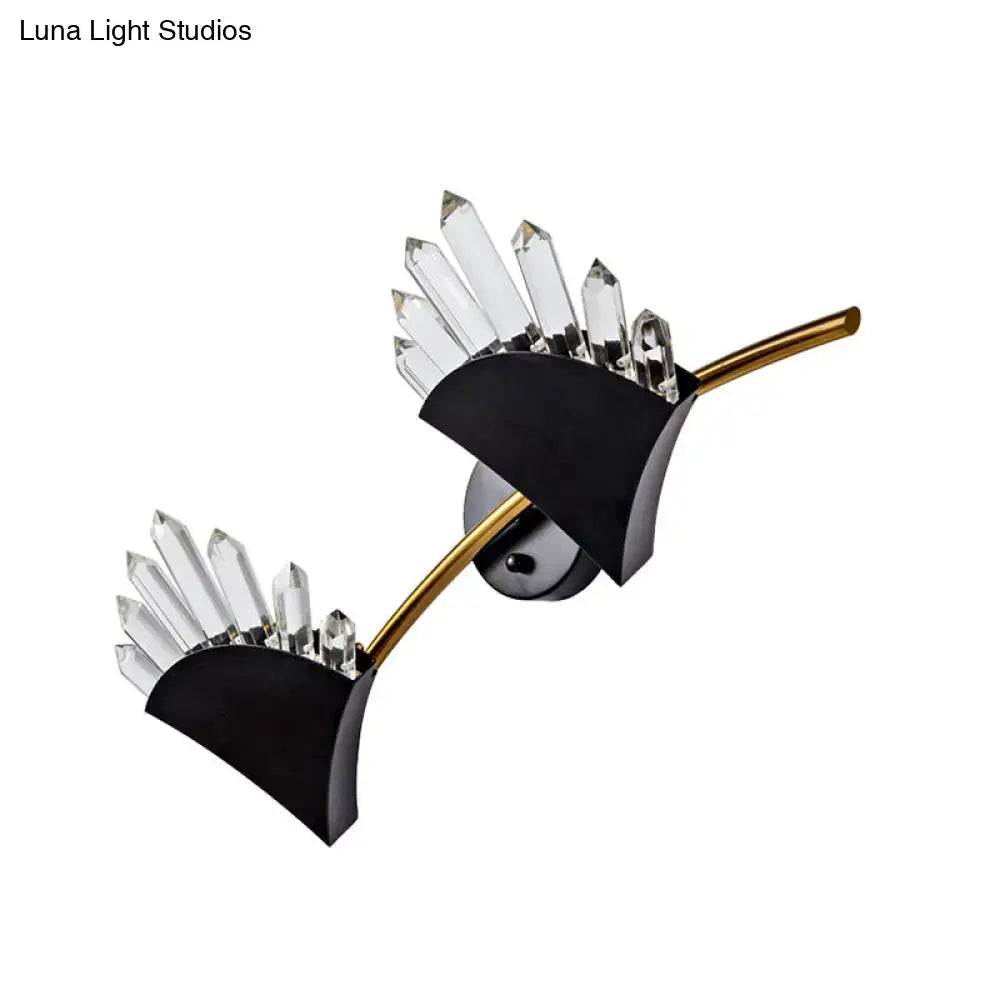 Modern black fan crystal wall light fixture with clear faceted crystals and smd bulb base for bedroom sconce lighting