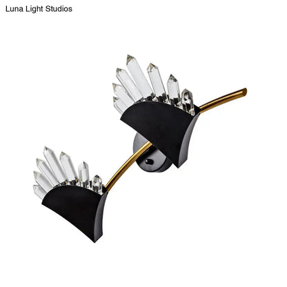 Modern black fan crystal wall light fixture with clear faceted crystals and smd bulb base for bedroom sconce lighting