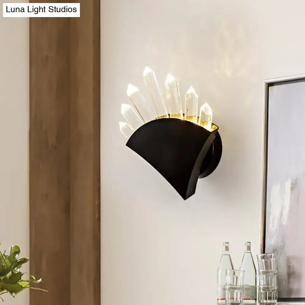 Modern black fan crystal wall light fixture with clear crystal points and smd bulb base emitting warm light
