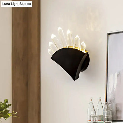 Modern black fan crystal wall light fixture with clear crystal points and smd bulb base emitting warm light