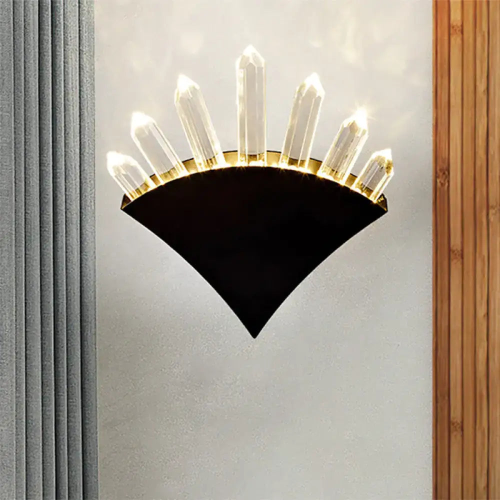 Modern black fan crystal wall light fixture with seven clear faceted prisms and smd bulb base for bedroom sconce
