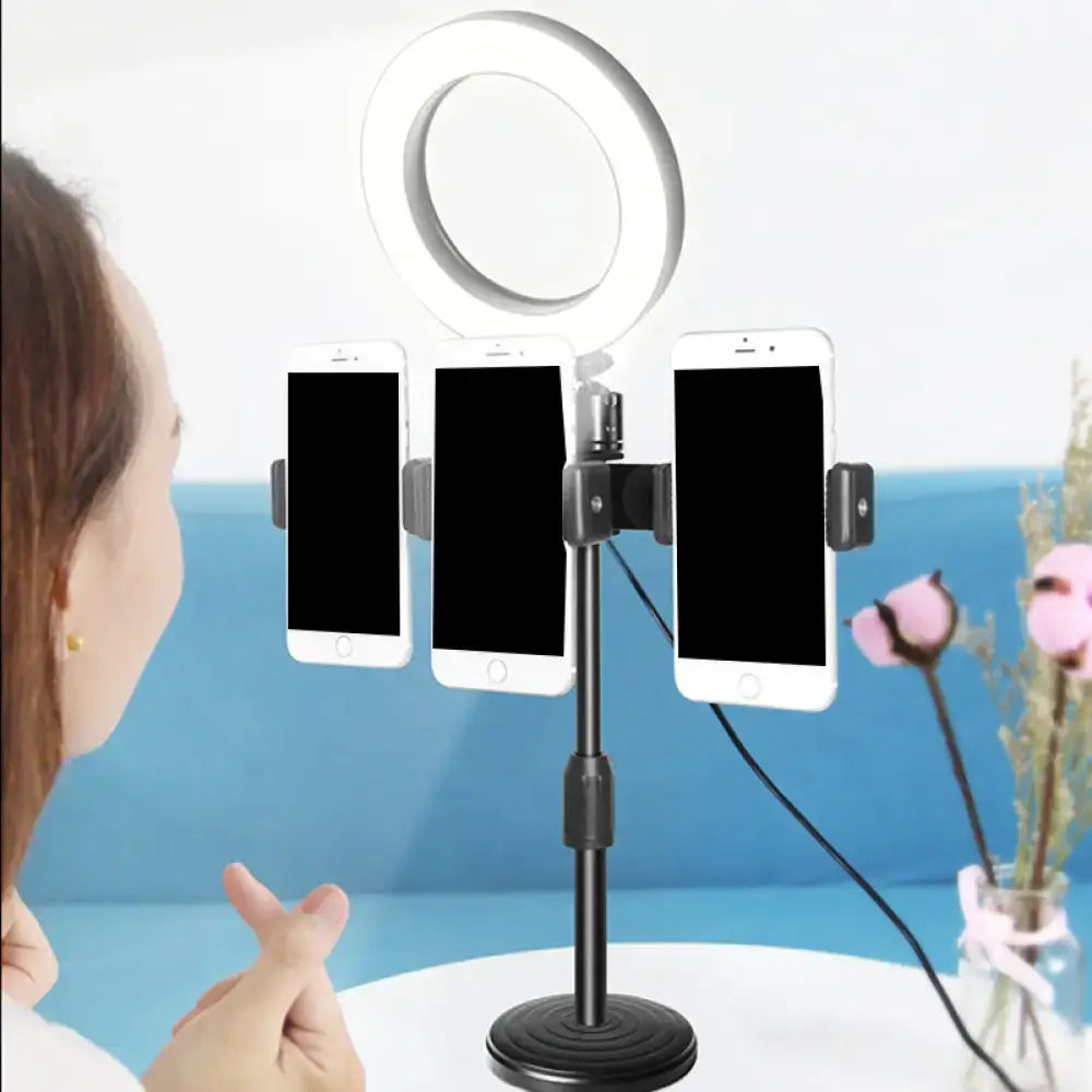 Black finish modern tripod stand with three phone holders metal shade and vanity light ring for bedroom use