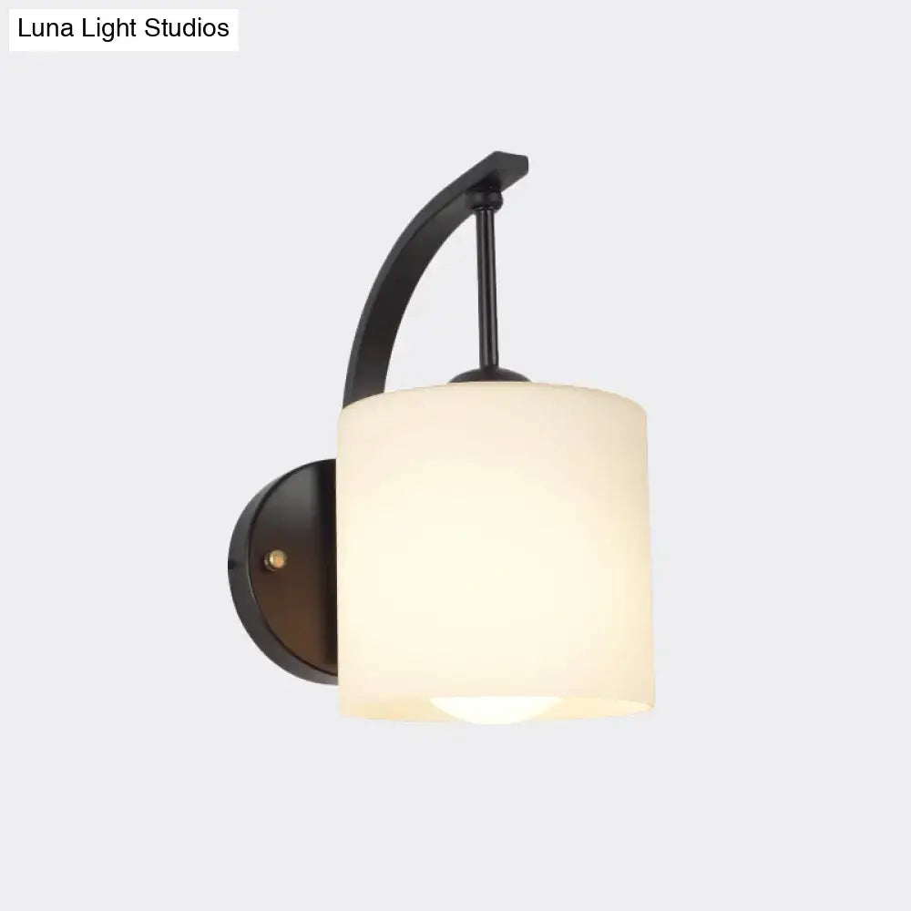Modern black finish wall lamp with frosted off-white cylindrical glass sconce for bedroom 220v-240v 110v-120v use