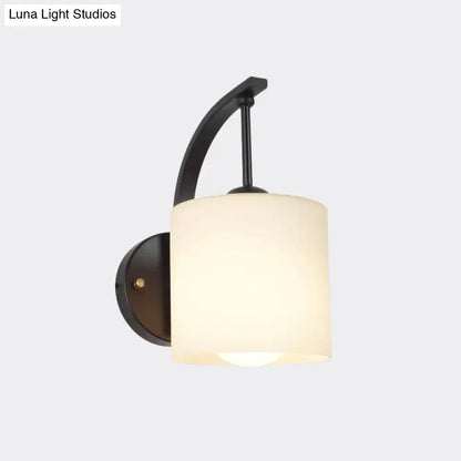 Modern black finish wall lamp with frosted off-white cylindrical glass sconce for bedroom 220v-240v 110v-120v use