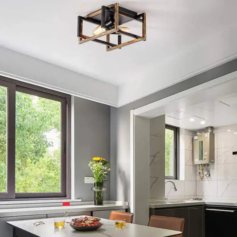 Modern black geometric ceiling chandelier with rustic wood frame and two exposed bulbs for living room decorbites black modern design