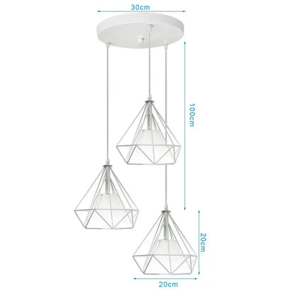 White geometric pendant lights trio with three diamond-shaped shades modern design for kitchen lighting
