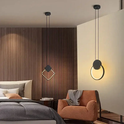 Modern black geometric led pendant lights with minimalist design illuminate a contemporary living room decorbites geometric led